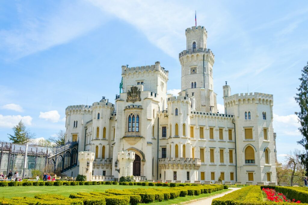 Panoramic view of Hluboka castle in Hluboka nad Vltavou, Czech Republic