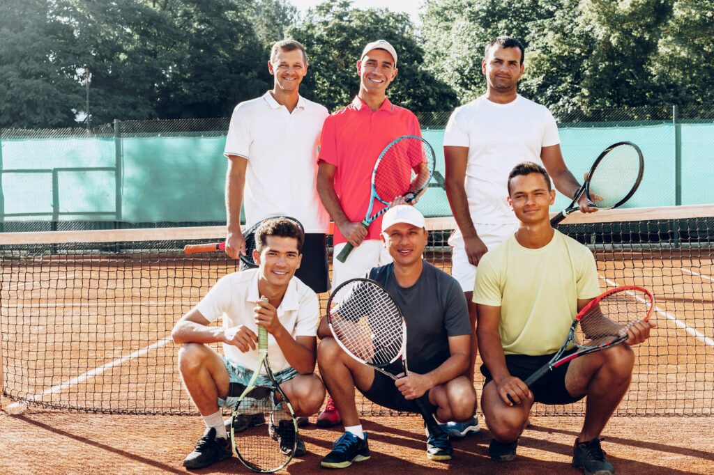 Group of six male tennis players standing on court